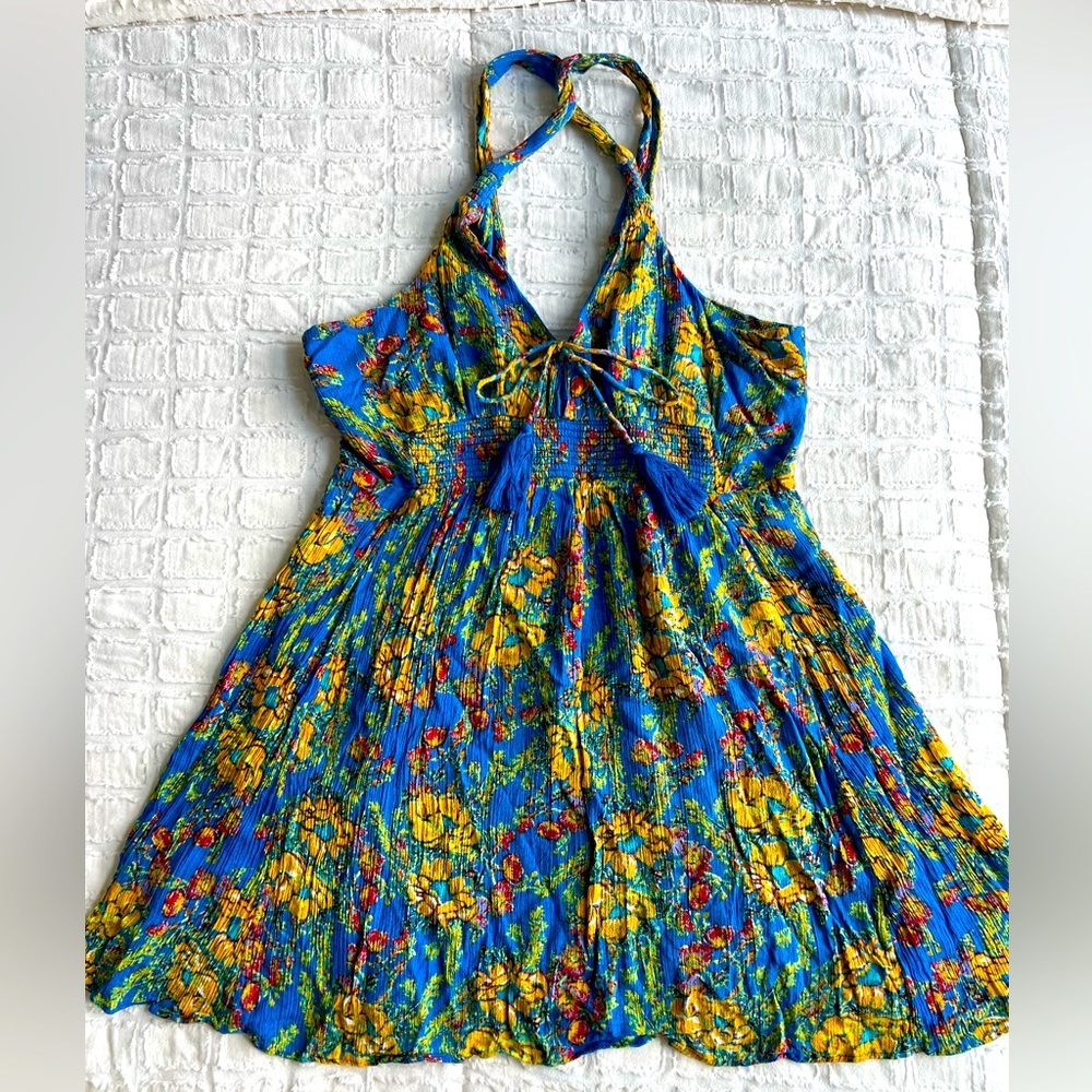 Free People Floral Smocked Sundress Tunic Blue/Yellow Size Medium